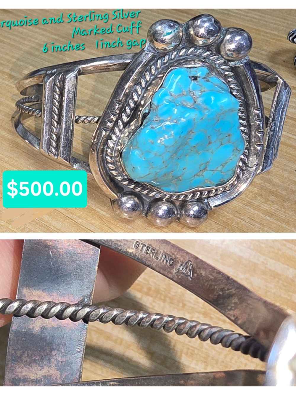 Native American Sterling Silver Turquoise Cuff Bracelet - STAMPED AND HALLMARKED